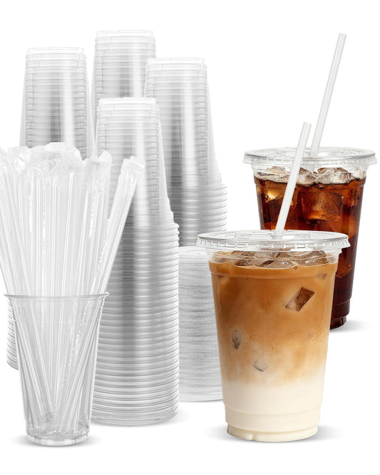 Goodluck 100 Pack 16oz Plastic Cups with Lids and Straws, Clear Disposable Iced Coffee Cups, Food Safe Cold Drink Cups for Bubble Tea, Smoothies & Shakes, BPA Free - Available at All In One Marketplace Canada
