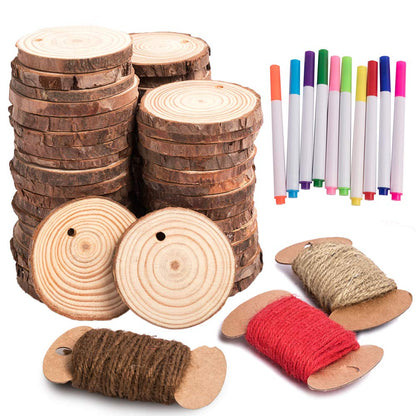 HOHOTIME Natural Wood Slices, 50 PCS 2''-2.4'' Unfinished Predrilled with Hole Wood Discs with Twine, Round Wood Circles DIY Craft Kit for Wedding Decoration Christmas Ornaments 🍁 All In One Marketplace Canada