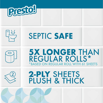Amazon Brand - Presto! 313 Sheet Mega Roll Toilet Paper, Ultra-Soft, Pack of 12, 12 Family Mega Rolls Equivalent to 60 Regular Rolls, White Presto!