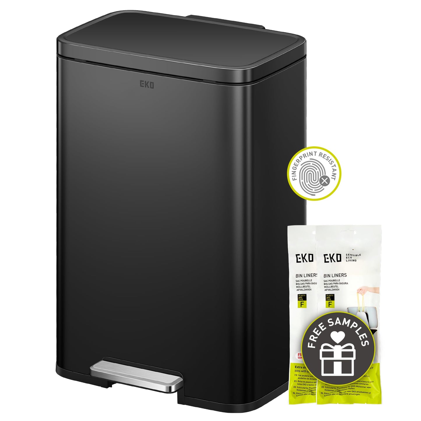 EKO Madison Matte Black 50 Liter/13.2 Gallon Step Trash Can with Inner Liner - Fingerprint Resistant Finish EKO