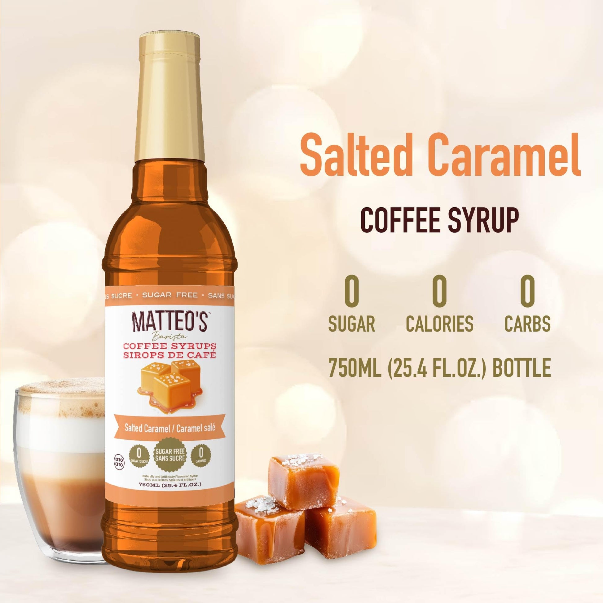 Matteo's Salted Caramel Sugar-Free Coffee Syrup - Barista-Quality Flavoring, Keto-Friendly, 25.4oz (6-Pack)