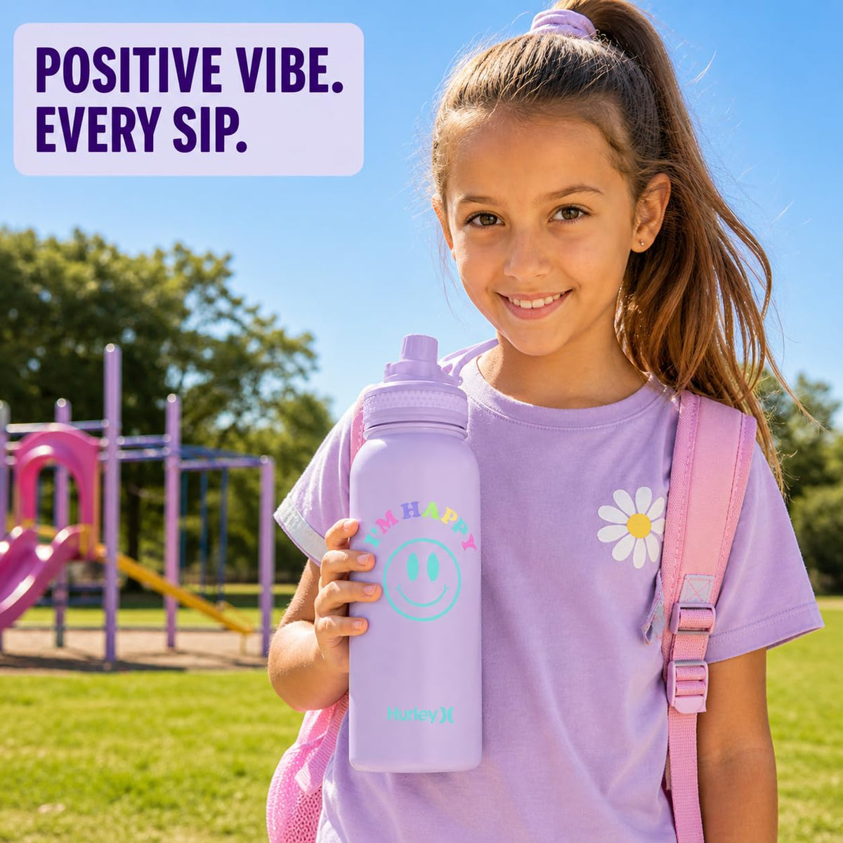 Hurley 32 Oz Reusable Water Bottle with Chug Cap Stainless Steel Sports Bottle "I'M HAPPY" Design with Handle on Lid, Purple