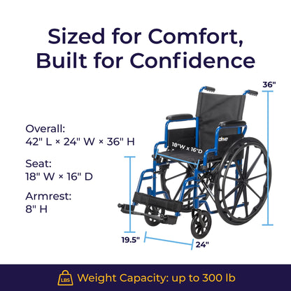 Drive Medical Single Axle Blue Streak Wheelchair, Flip Back Desk Arm, Swing Away Footrests, 18", 1 Count Drive Medical