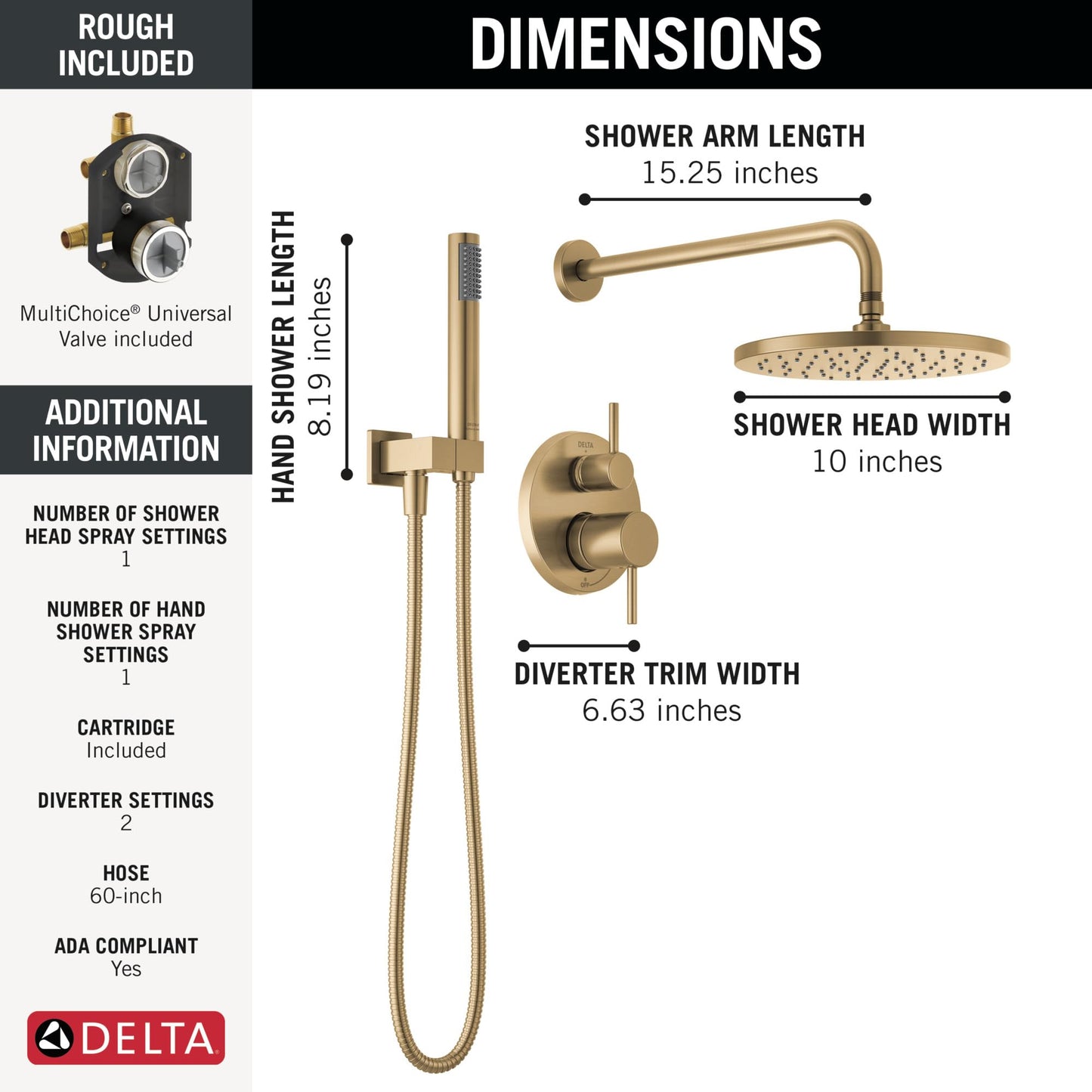 Delta Faucet Modern Raincan 2-Setting Round Shower System Including Rain Shower Head and Handheld Spray Gold, Rainfall Shower System Gold, Shower Valve and Trim Kit, Champagne Bronze 342702-CZ DELTA