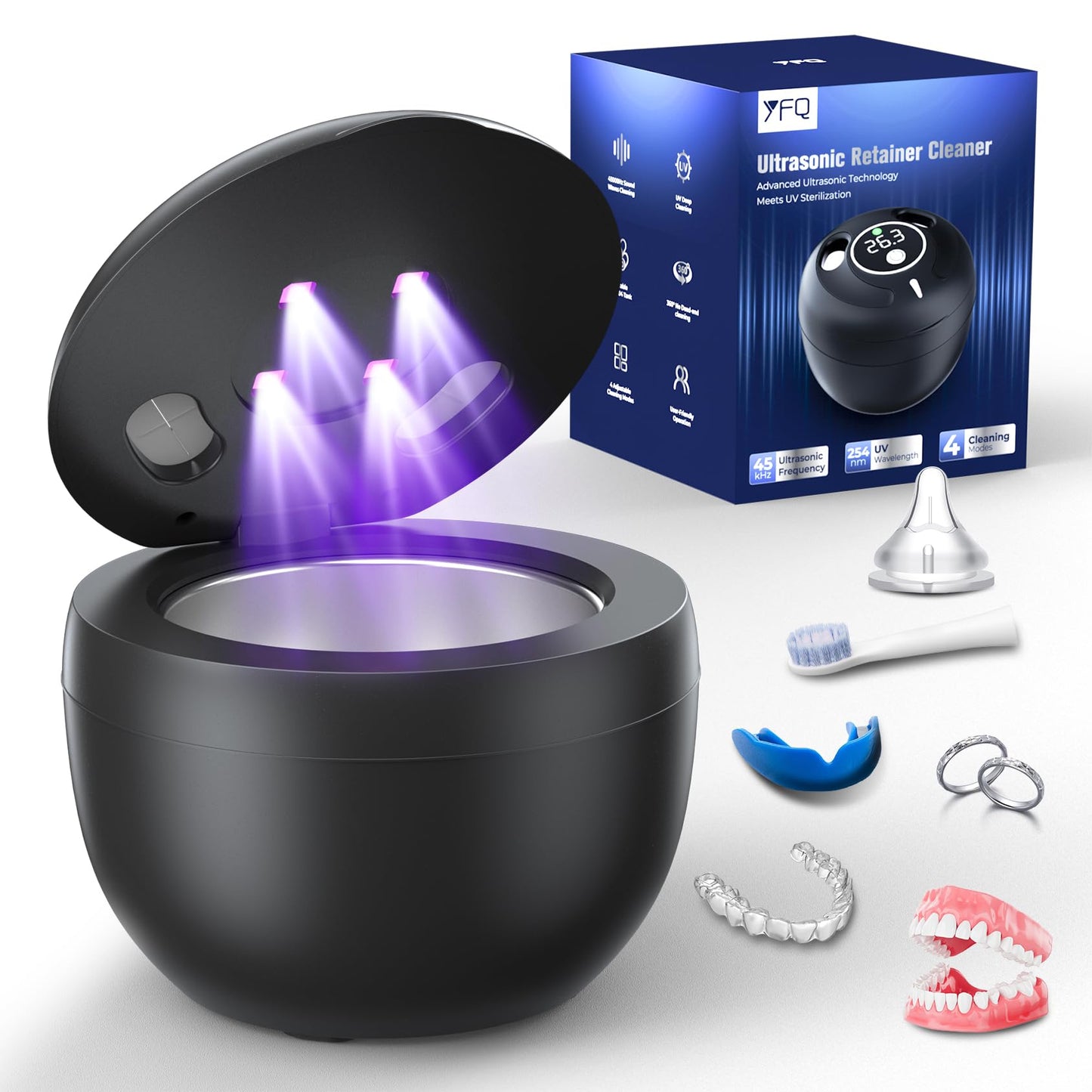 Ultrasonic Retainer Cleaner(2026 Upgraded), 45kHz Cleaning Machine for Dentures, Mouth Guards, Braces, Toothbrush & Jewelry, 200ML Denture Cleaner with 4 Modes for Denture Appliances - Available at All In One Marketplace Canada