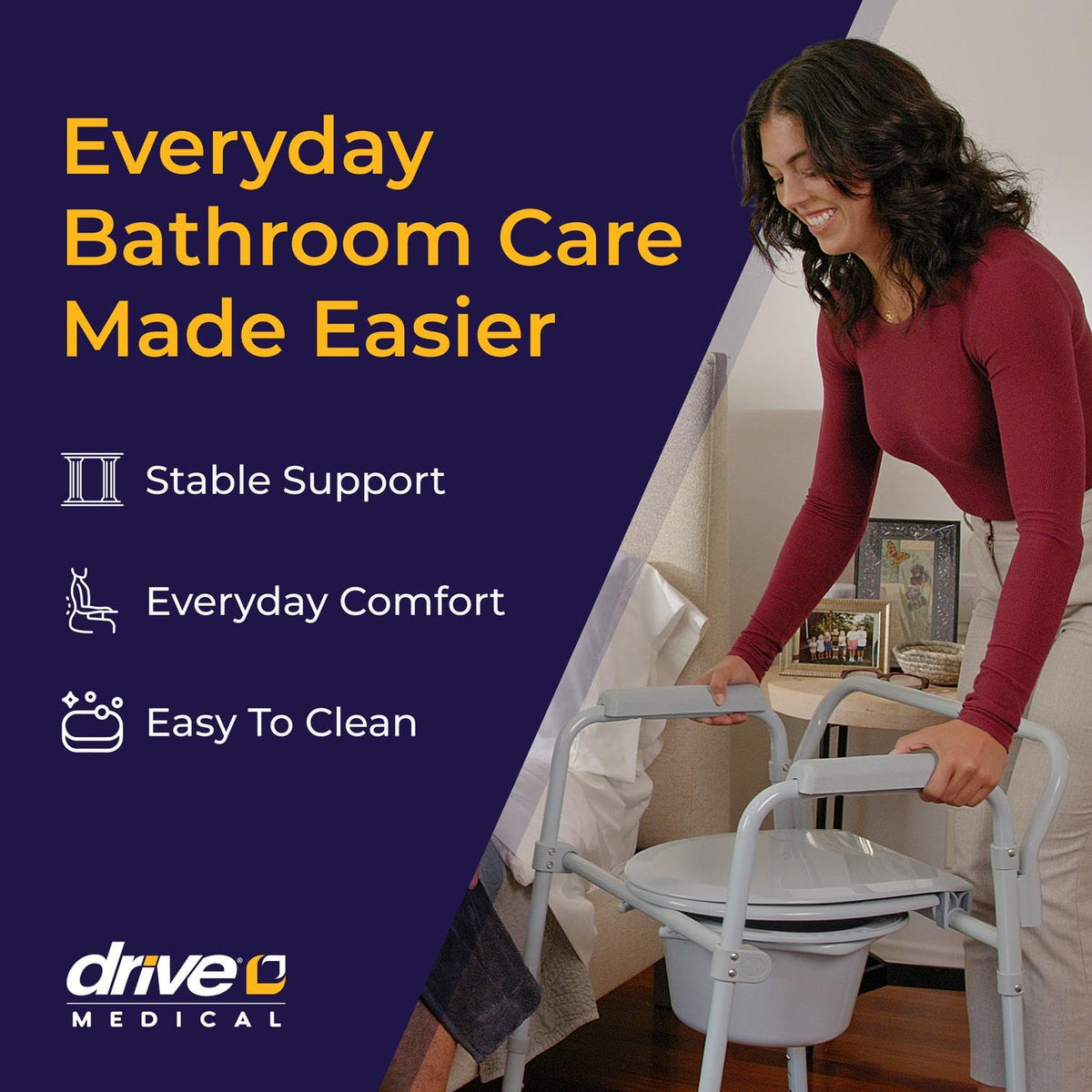 Drive Medical 11148-1 Folding Steel Bedside Commode Chair, Portable Toilet, Supports Bariatric Individuals up to 350 lbs, with 7.5 qt Bucket and 13.5 inch Seat, Grey