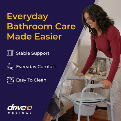 Drive Medical 11148-1 Folding Steel Bedside Commode Chair, Portable Toilet, Supports Bariatric Individuals up to 350 lbs, with 7.5 qt Bucket and 13.5 inch Seat, Grey
