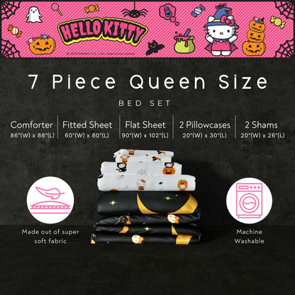 Sanrio Hello Kitty Halloween Pumpkin Queen Bed Set – Super Soft & Cozy 5 Piece Reversible Comforter and Sheet Set (Officially Licensed Product) by Franco
