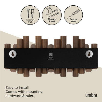 Umbra Picket Wall-Mounted Coat Rack Rail Hook with 5 Retractable Wood Pegs – Modern, Space-Saving Storage Organizer, Walnut Umbra