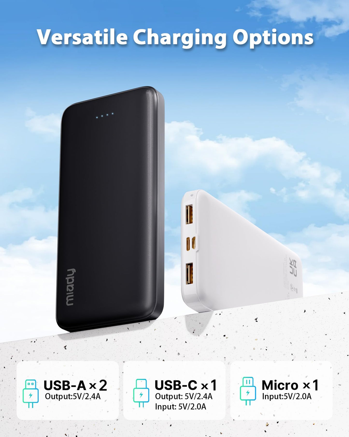 Miady 2-Pack 10000mAh Dual USB Portable Charger, Slim USB-C Power Bank, Travel Battery Pack 3 Outputs 2 Inputs Compatible with iPhone 17/16/15/14 Galaxy S24/22 Google iPad Android etc