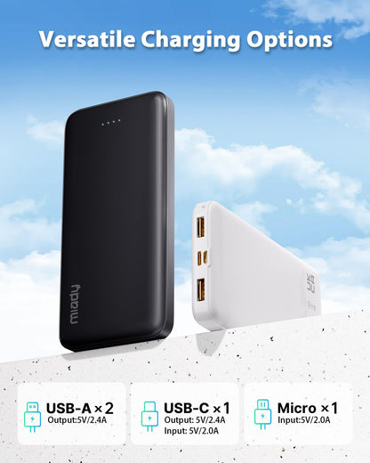 Miady 2-Pack 10000mAh Dual USB Portable Charger, Slim USB-C Power Bank, Travel Battery Pack 3 Outputs 2 Inputs Compatible with iPhone 17/16/15/14 Galaxy S24/22 Google iPad Android etc