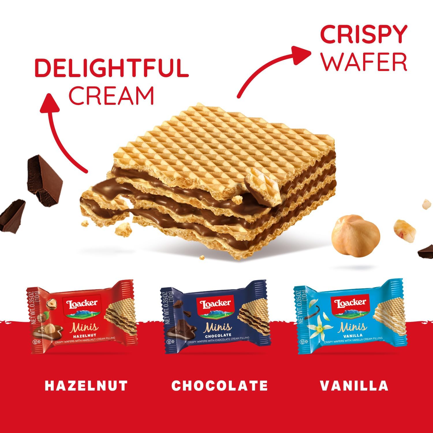 Loacker Minis Variety Pack | Assorted Crispy Wafer Cookies - Hazelnut, Chocolate, and Vanilla Cream Filling | 30% Less Sugar | Non-GMO | Sustainably Sourced Ingredients | 10g/0.35oz – 40 Count, Individually Wrapped - Available at All In One Marketplace Canada