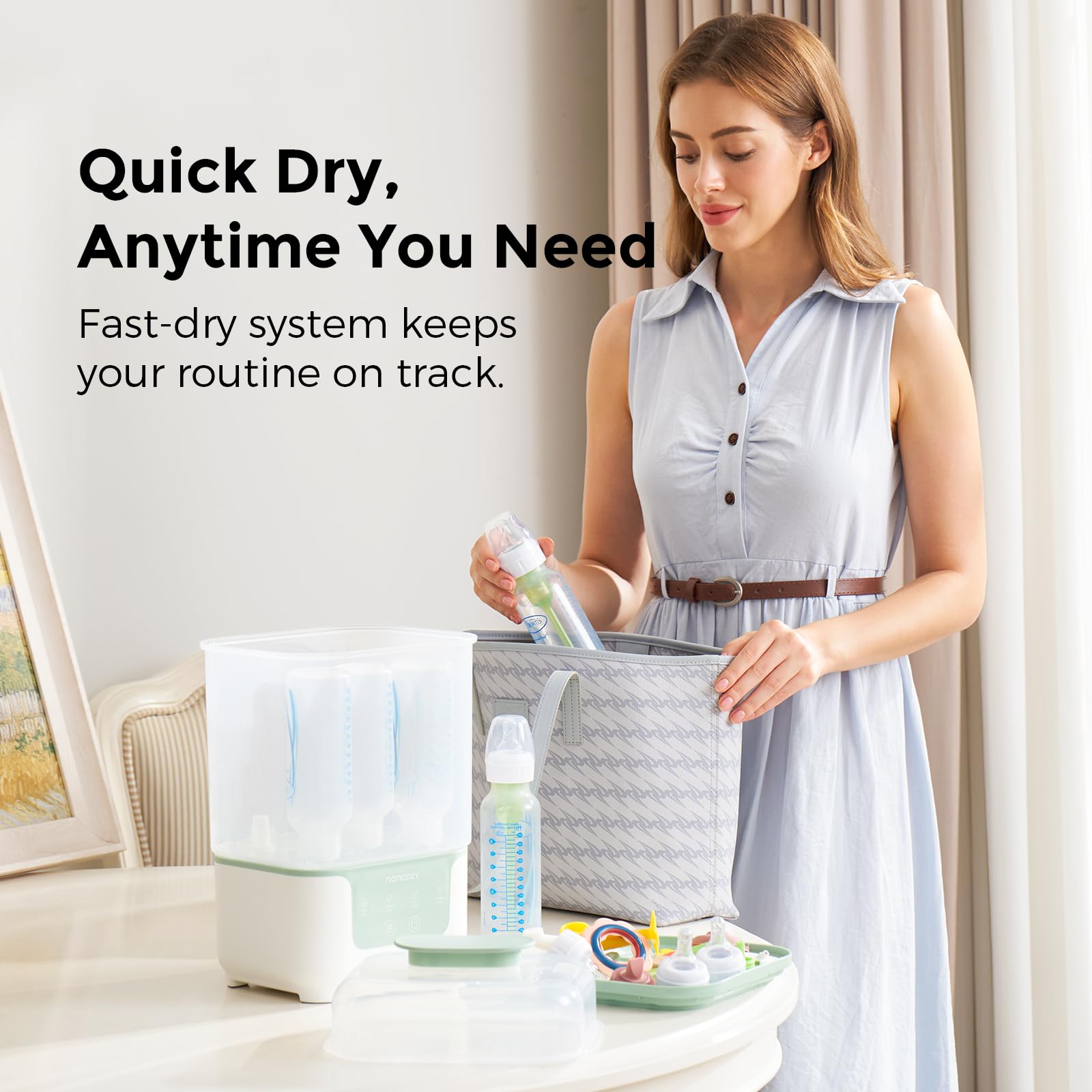 Momcozy Bottle Sterilizer and Dryer, Modular Nesting Space Saving Design, 6 Bottles Capacity, 4 in 1 Compact Sterilizer for Baby Bottles, Breast Pump Parts & Newborn Essentials, Drying Rack Included - Available at All In One Marketplace Canada