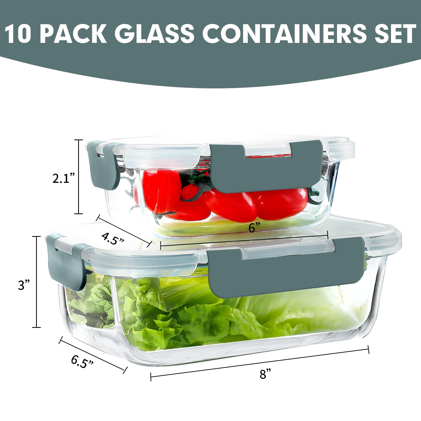 VERONES 10 Pack Glass Meal Prep Containers, Airtight & Stackable Glass Food Storage Containers Set with Lids,Exclusive of BPA,for Microwave, Oven, Freezer & Dishwasher,Grey - Available at All In One Marketplace Canada