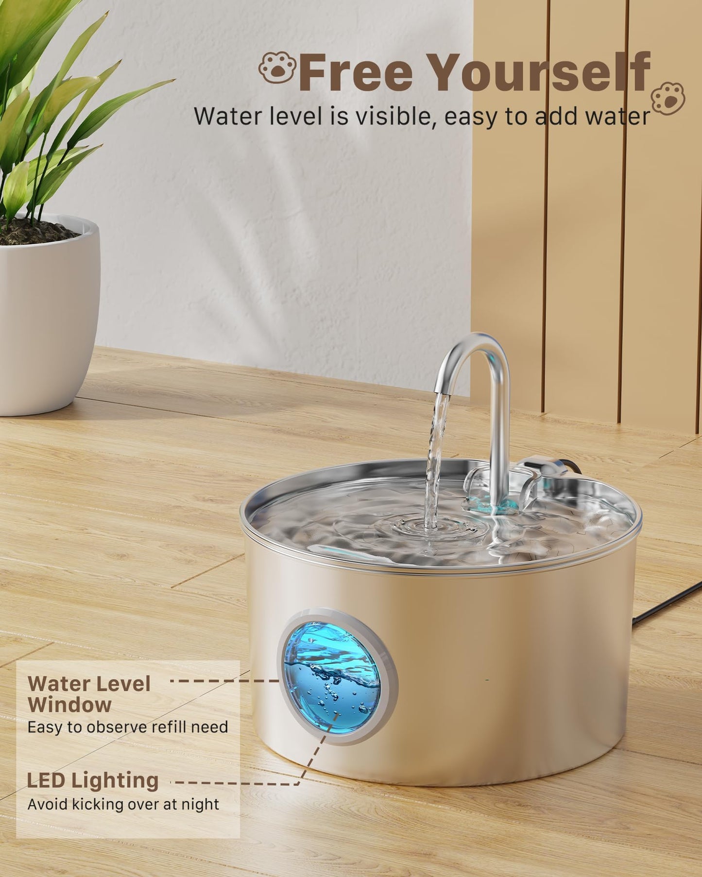 Stainless Steel Cat Water Fountain: Cat Water Dispenser - with 6 Filters + 3 Sponges - 2.2L Waters Fountain Indoor Pet - Pet Dispenser - Quiet Automatic Dog Drinking Bowl