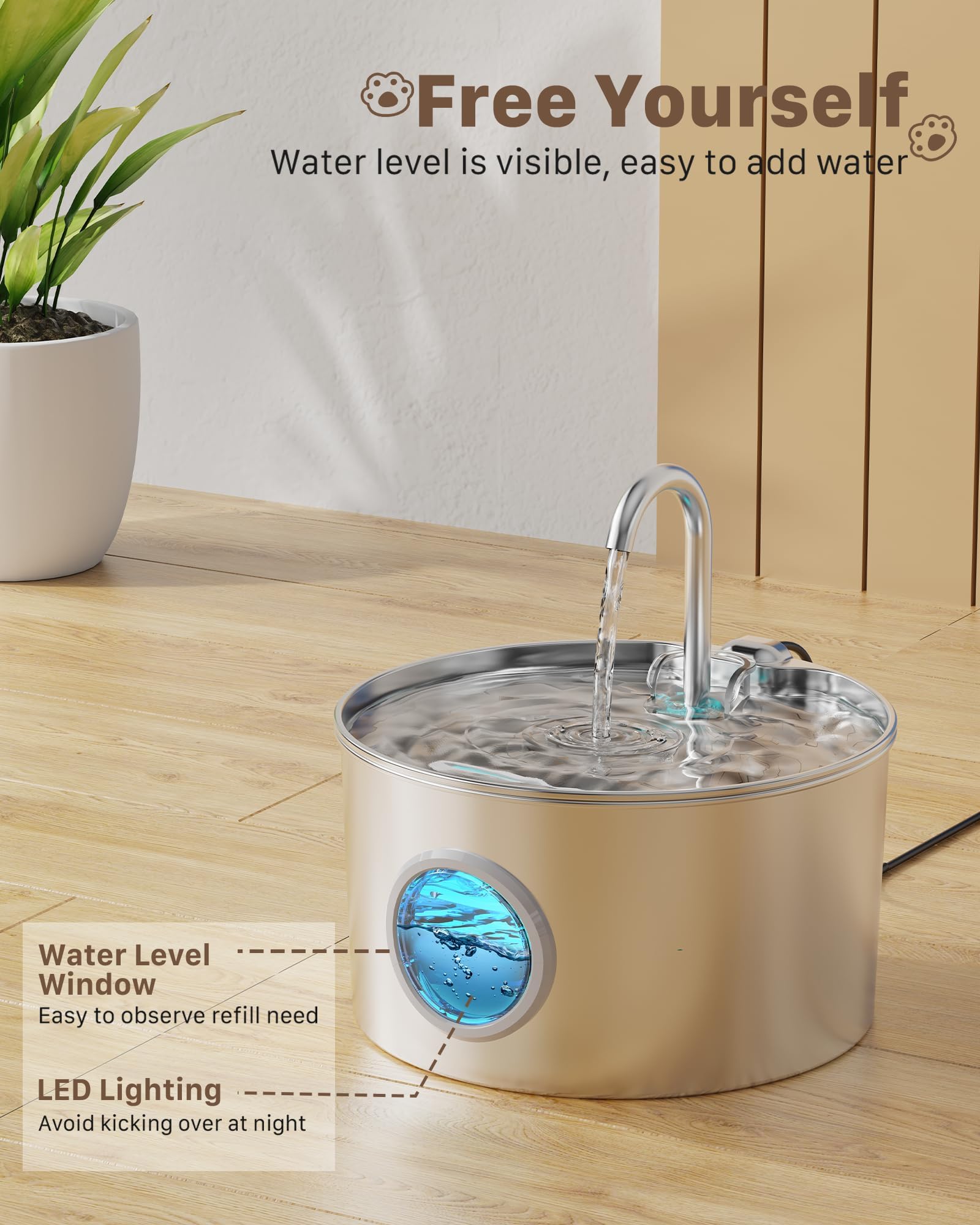 Stainless Steel Cat Water Fountain: Cat Water Dispenser - with 6 Filters + 3 Sponges - 2.2L Waters Fountain Indoor Pet - Pet Dispenser - Quiet Automatic Dog Drinking Bowl