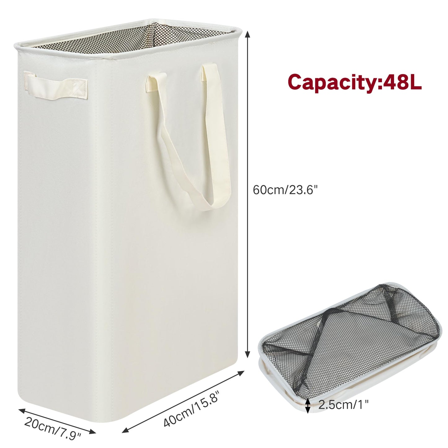efluky Slim Laundry Hamper with Handles, Collapsible Small Hamper for Laundry, Dirty Clothes Basket for Bedroom, Dorm and Laundry Room, 48L (12.7 Gallon) Beige - Available at All In One Marketplace Canada