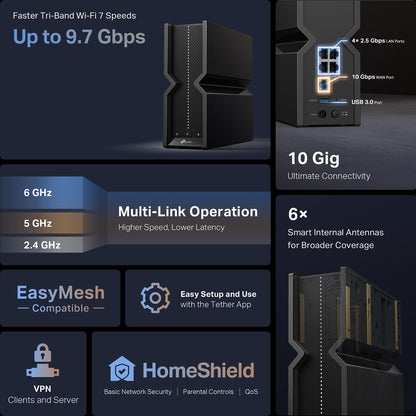 TP-Link Tri-Band BE9700 WiFi 7 Router (Archer BE550 Pro)- 1 × 10G + 4 × 2.5G, USB 3.0, 6 Internal Antennas, VPN Clients & Server 6GHz Band, Easy-Mesh, HomeShield, MLO, Private IOT 🍁 All In One Marketplace Canada