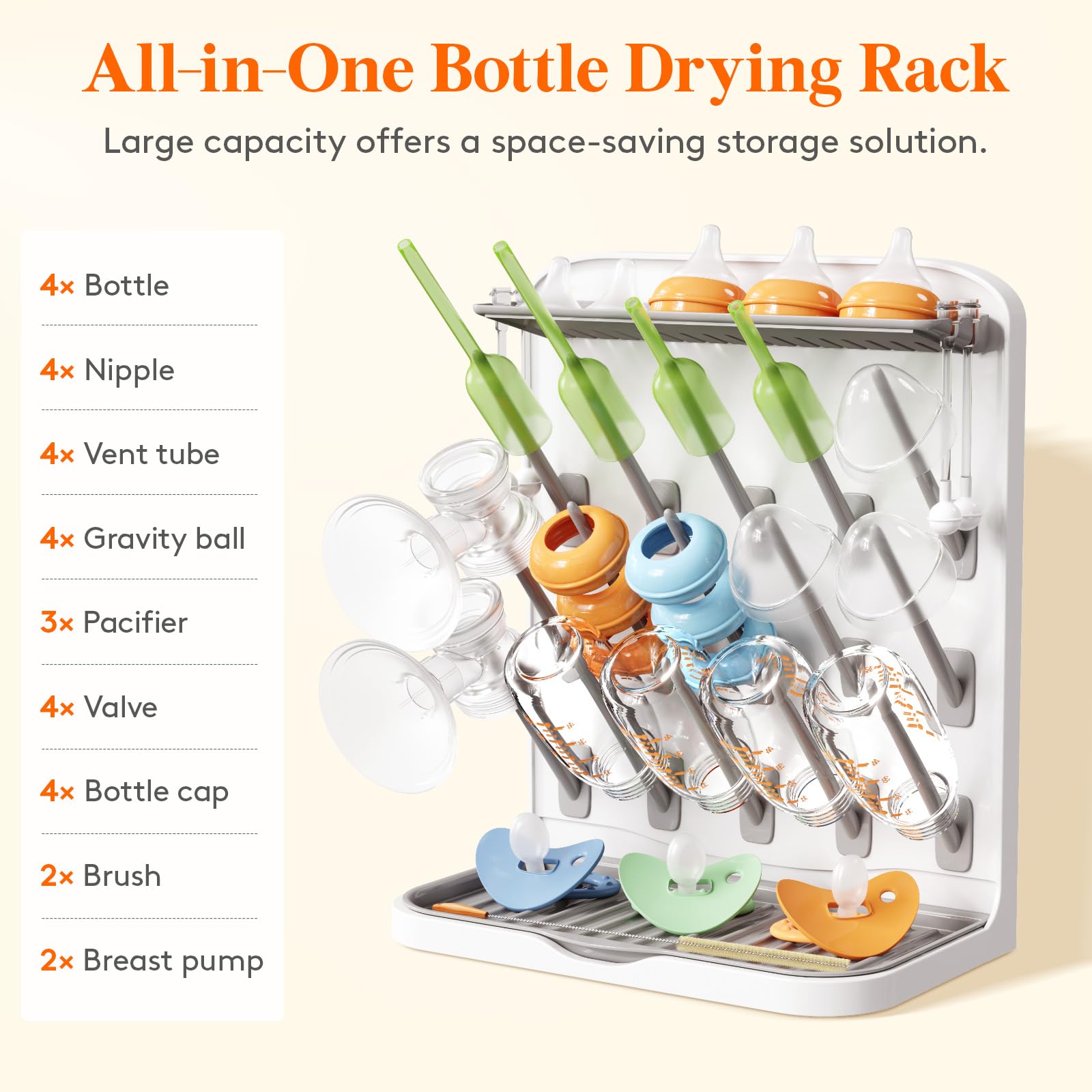Lifewit Large Baby Bottle Drying Rack for 15 Bottles, Removable Pacifiers Box, Drip Tray, Vertical Rack for Bottle Accessories, Weighted Straws，Pump Parts, BPA-Free, White&Gray, Without Drain Mat