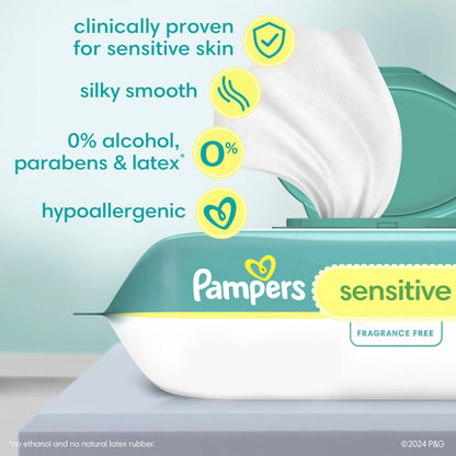 Pampers Sensitive Baby Wipes, Clinically Proven, Water Based, Hypoallergenic and Unscented Baby Wipes, 504 Baby Wipes Total (6X Flip-Top Packs)