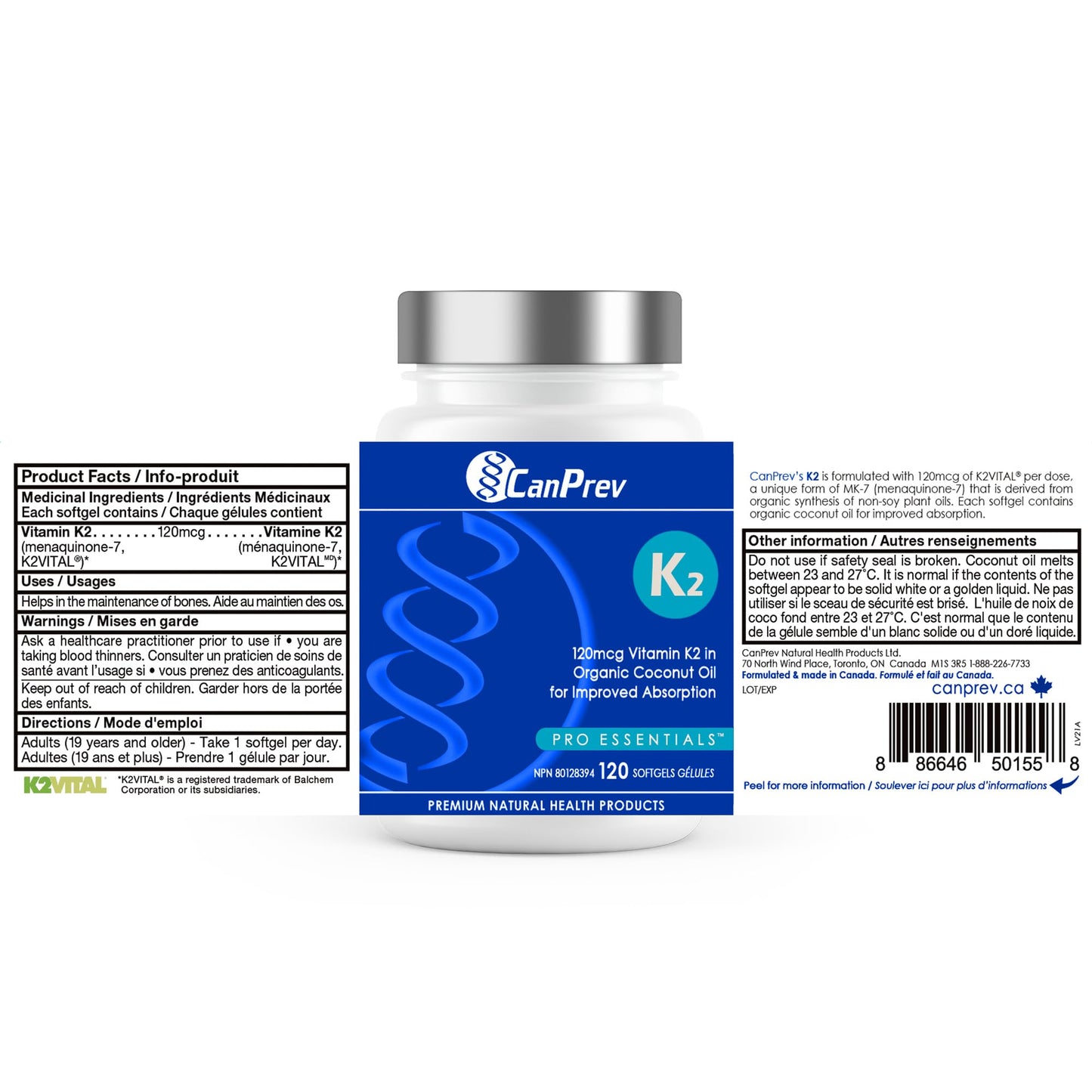 CanPrev K2 120mcg with Organic Coconut Oil, 120 Softgels 120-Day Supply, Pure MK-7 for Enhanced Absorption, Support for Stronger Bones and Healthy Teeth - Available at All In One Marketplace Canada