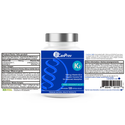 CanPrev K2 120mcg with Organic Coconut Oil, 120 Softgels 120-Day Supply, Pure MK-7 for Enhanced Absorption, Support for Stronger Bones and Healthy Teeth - Available at All In One Marketplace Canada