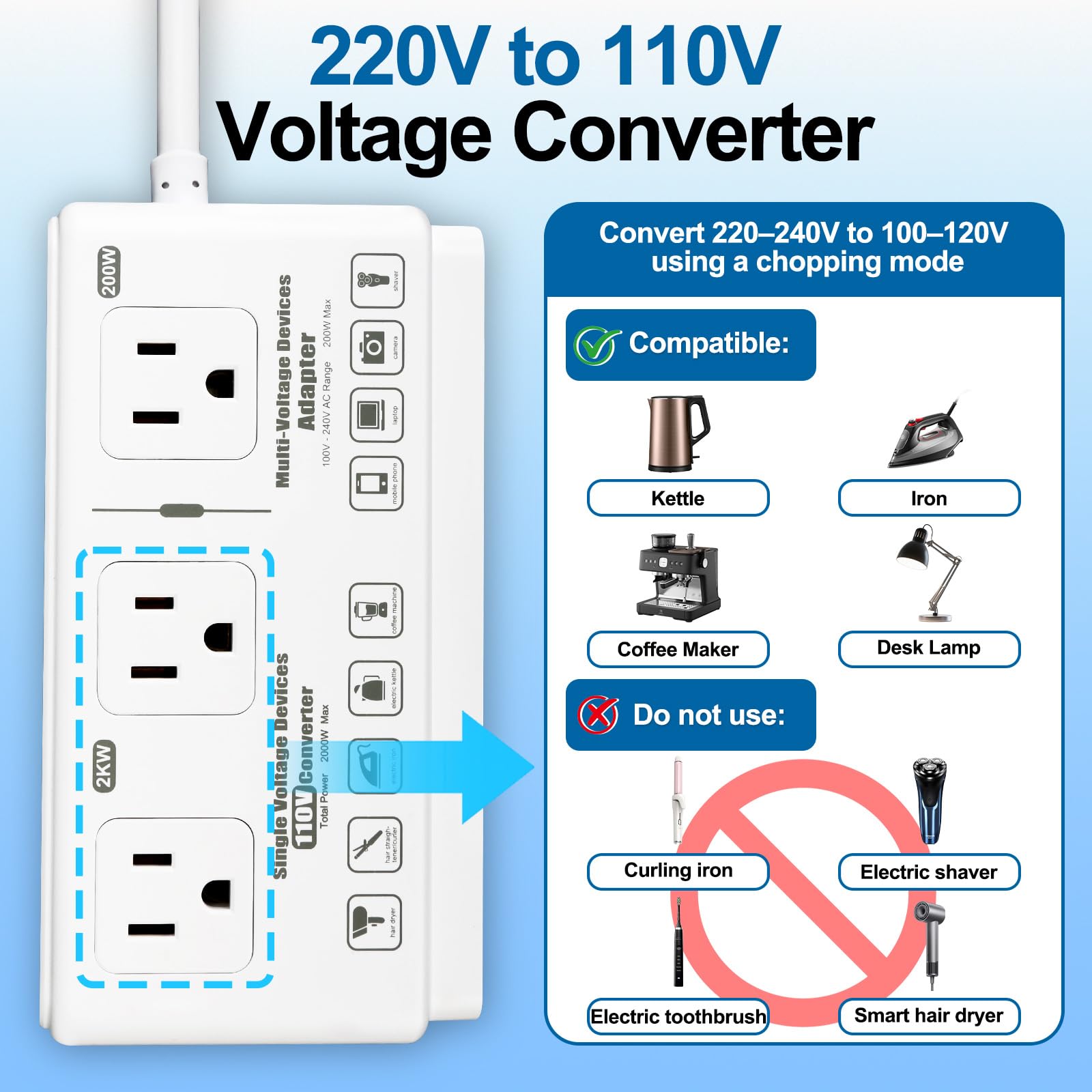 220v to 110v Travel Voltage Converter: International Universal Voltage Converter US to Europe Power Strip Plug Transformer - 2000W Electric Hair Dryer Step Down Outlet Converters for European UK EU