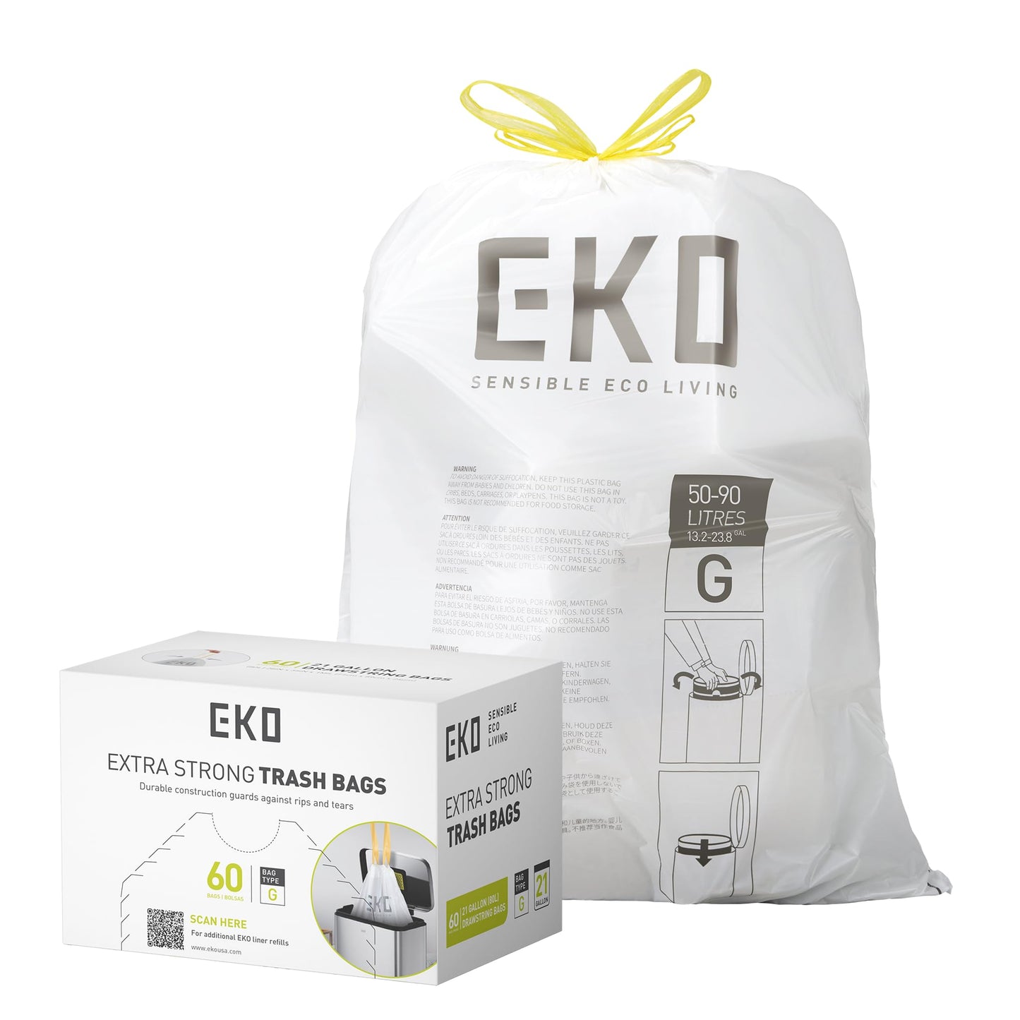 EKO Easy-Dispense Roll of 60 Count Extra-Strong Drawstring Kitchen Trash Bags - 21 Gallon Garbage Bags (79.5L) 1 Pack, Code G EKO
