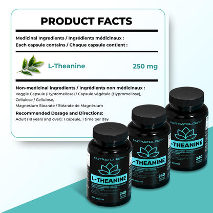 Nutratology® L-Theanine 250MG Capsules | Canadian-Made | For Stress Management | Promotes Relaxation & Calmness Without Drowsiness - L-Theanine Supplement for Stress Relief | 240 Capsules
