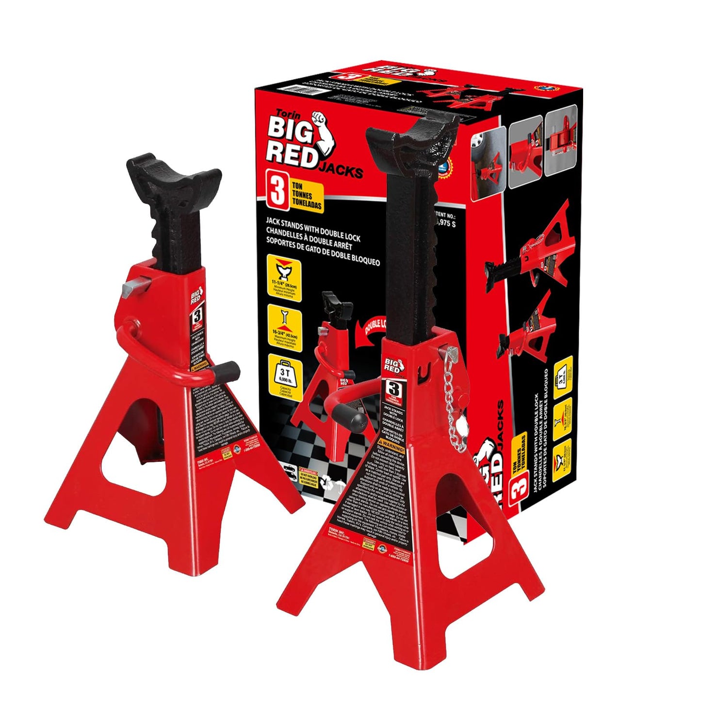 Torin T43002A Big Red Steel Jack Stands: Double Locking, 3 Ton Capacity, 1 Pair BIG RED