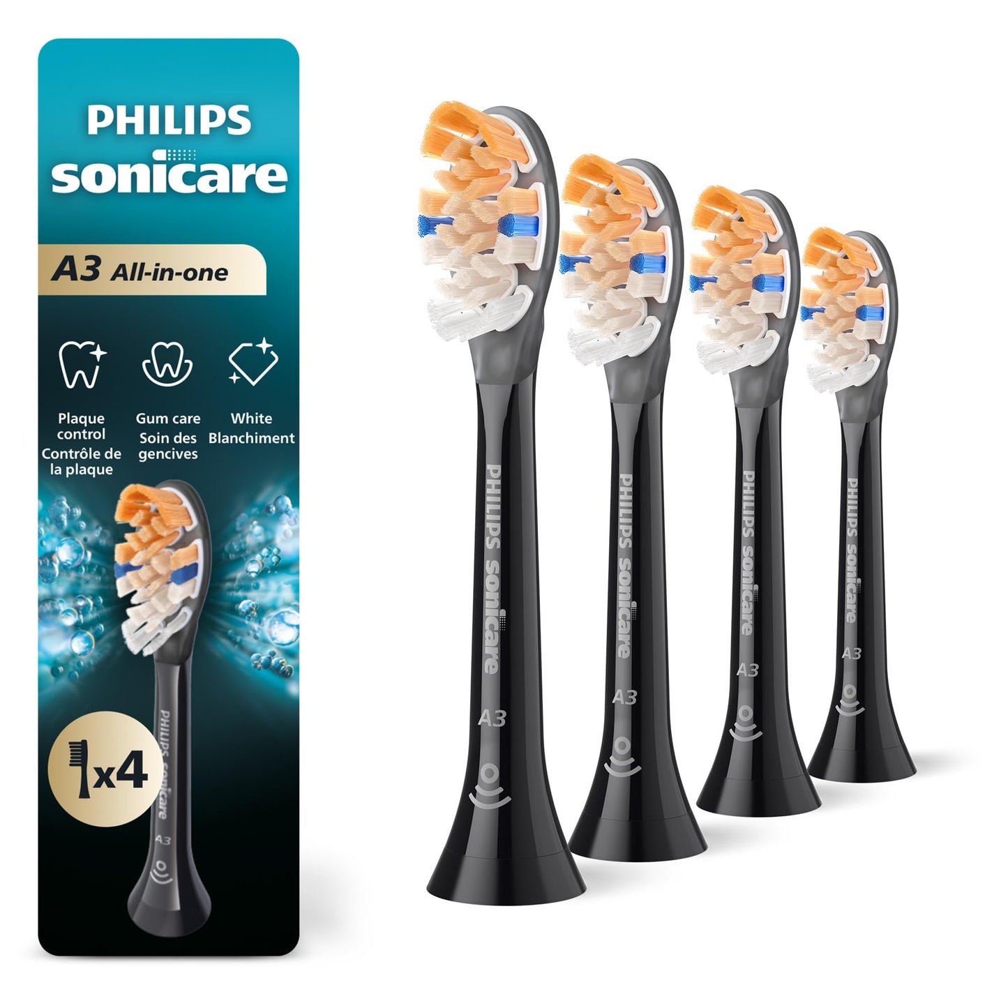 Philips Sonicare A3 All-in-One Genuine Replacement Electric Toothbrush Heads, 4 Pack One Year Supply, For effective whitening, plaque removal and better gum health, Black, HX9094/95 - Available at All In One Marketplace Canada