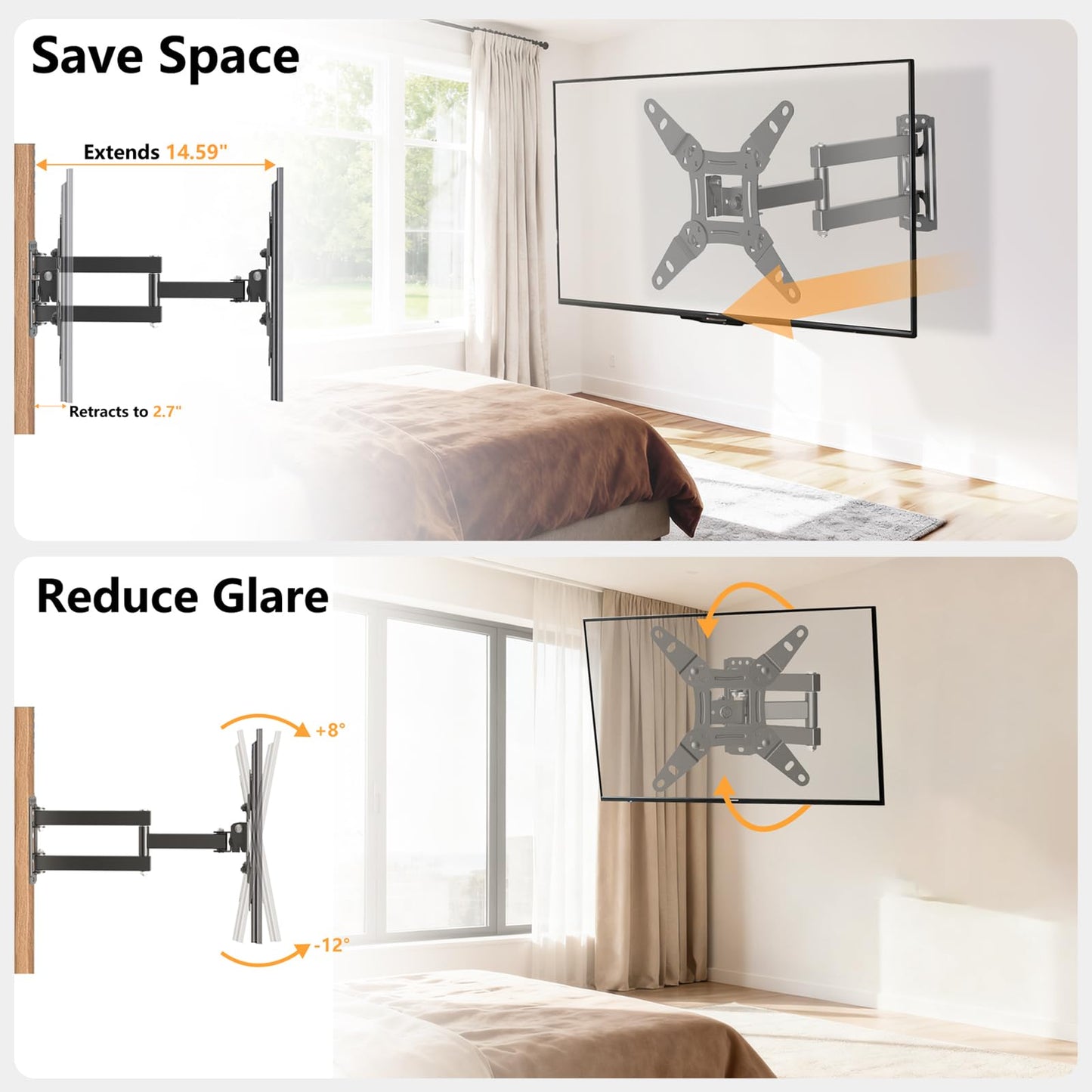 Full Motion Articulating TV Wall Mount Bracket with Swivel Tilt Extension & Rotation, Adjustable Arms for 13-42 Inch Flat/Curved LED LCD TVs & Monitors, Max 44lbs VESA 200x200mm