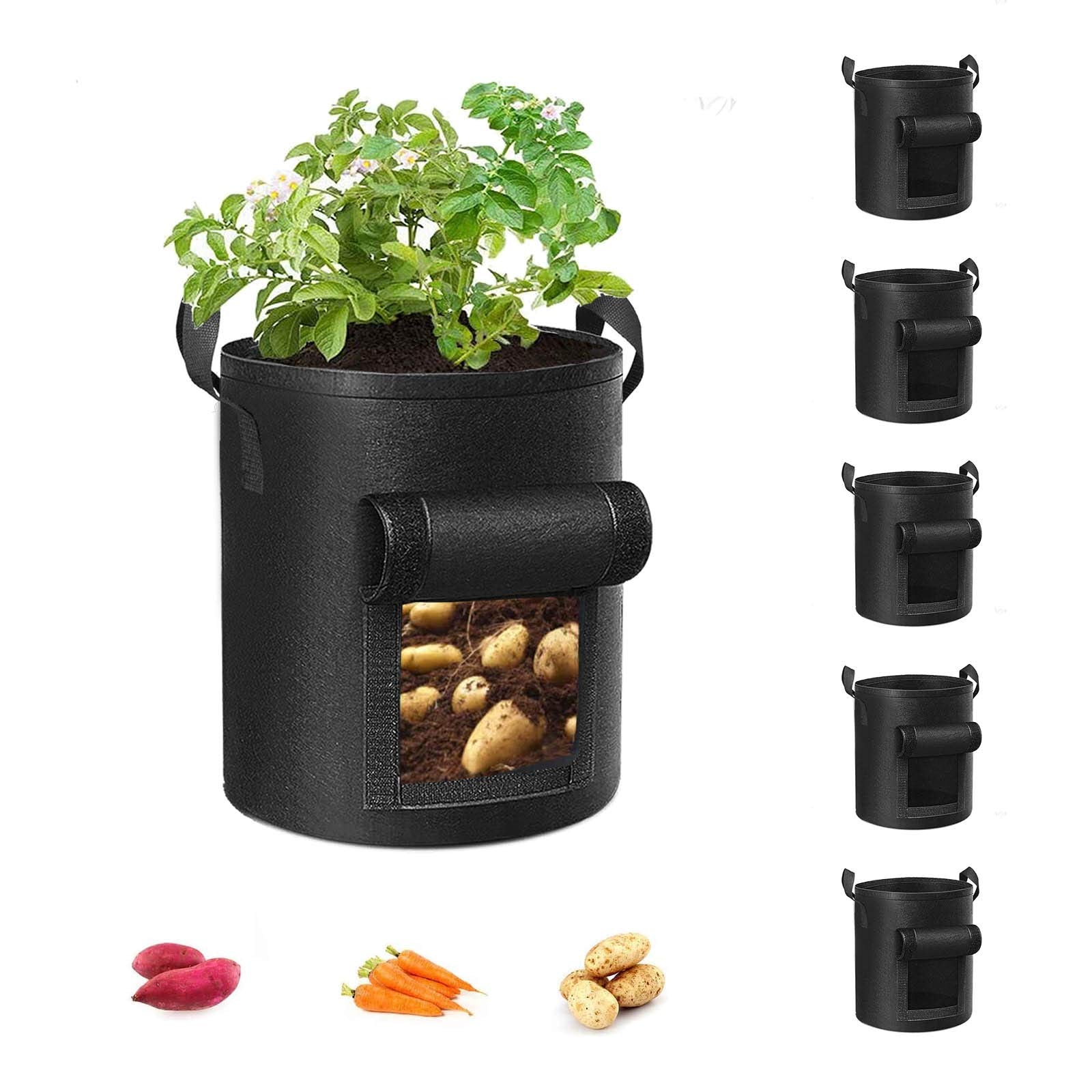 Cavisoo 5-Pack 10 Gallon Potato Grow Bags, Garden Planting Bag with Reinforced Handle, Thickened Nonwoven Fabric Pots for Tomato, Vegetable and Fruits - Available at All In One Marketplace Canada