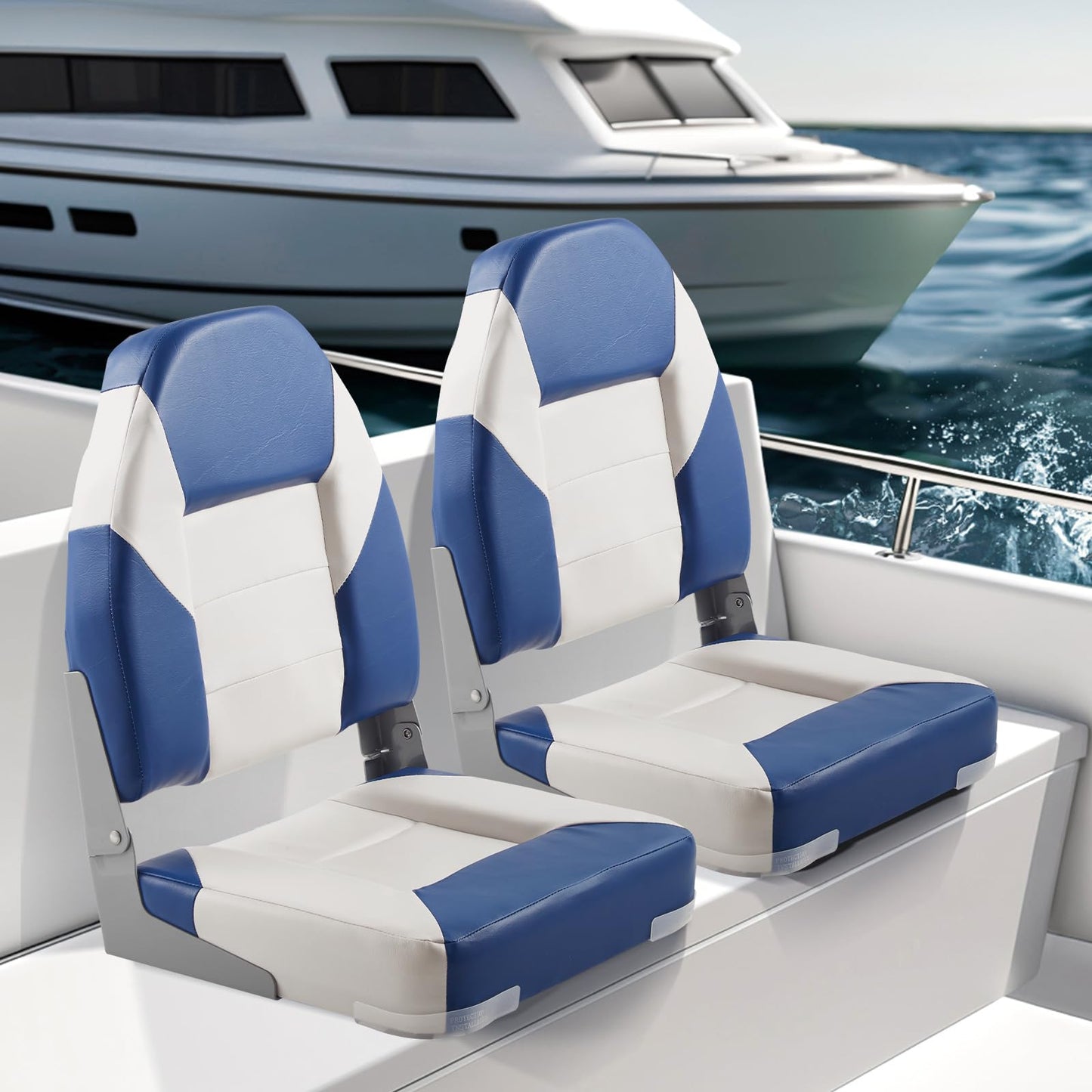 VEVOR High Back Boat Seats, 21.85" Folding Chair with Thickened Sponge Padding and Hinge, Fold-Down Captain Chairs for Fishing, Sightseeing, Speedboat, Canoe, 2-Pack VEVOR