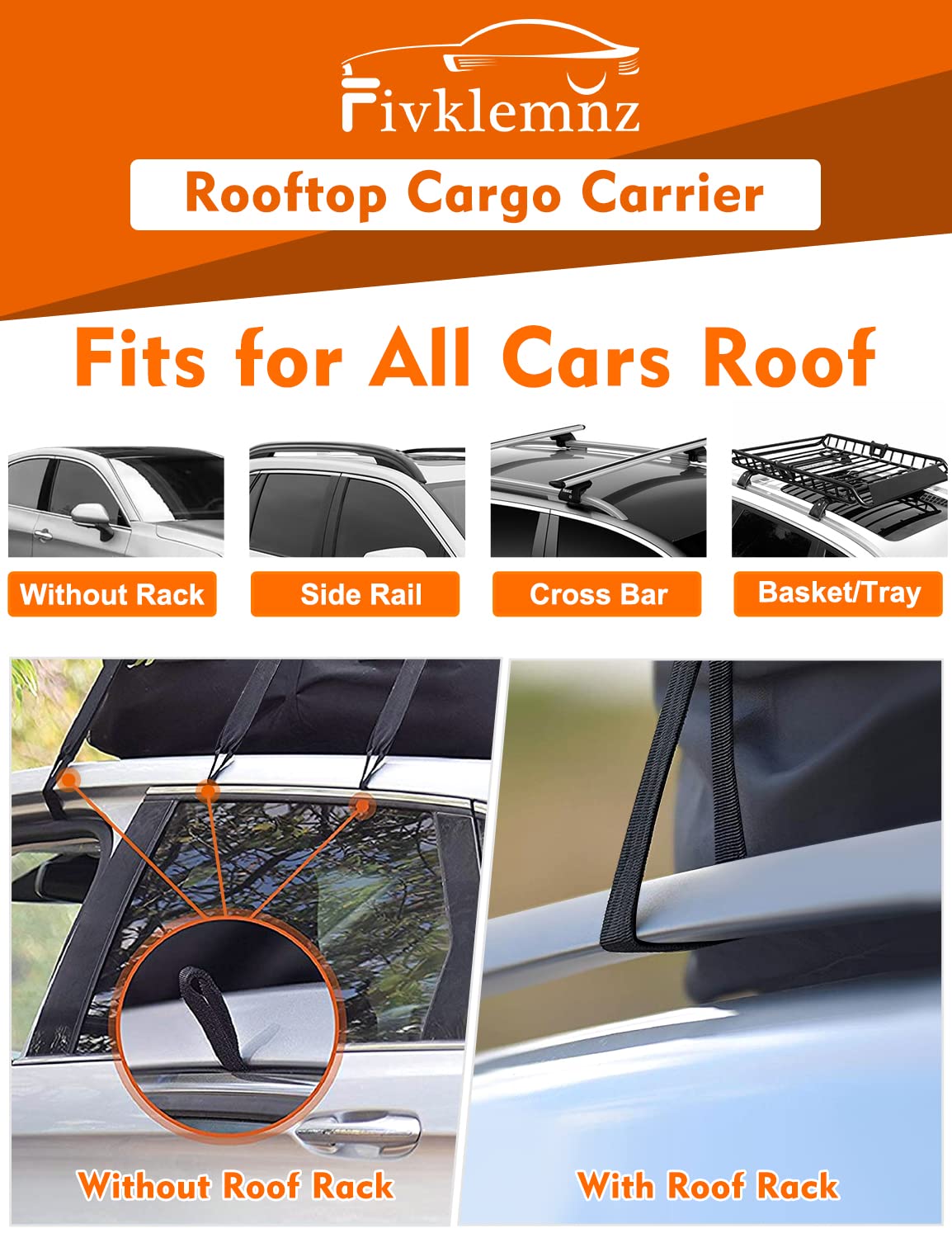 Car Roof Bag Cargo Carrier, 21 Cubic Feet Waterproof Rooftop Cargo Carrier with Anti-Slip Mat + 10 Reinforced Straps + 6 Door Hooks, Suitable for All Vehicle with/Without Roof Rack