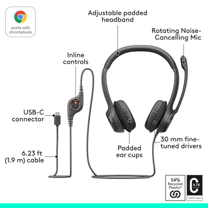 Logitech H391 Wired Headset for PC/Laptop, Stereo Headphones with Noise Canceling Microphone, USB-C, in-Line Controls, Works with Chromebook - Graphite - Available at All In One Marketplace Canada