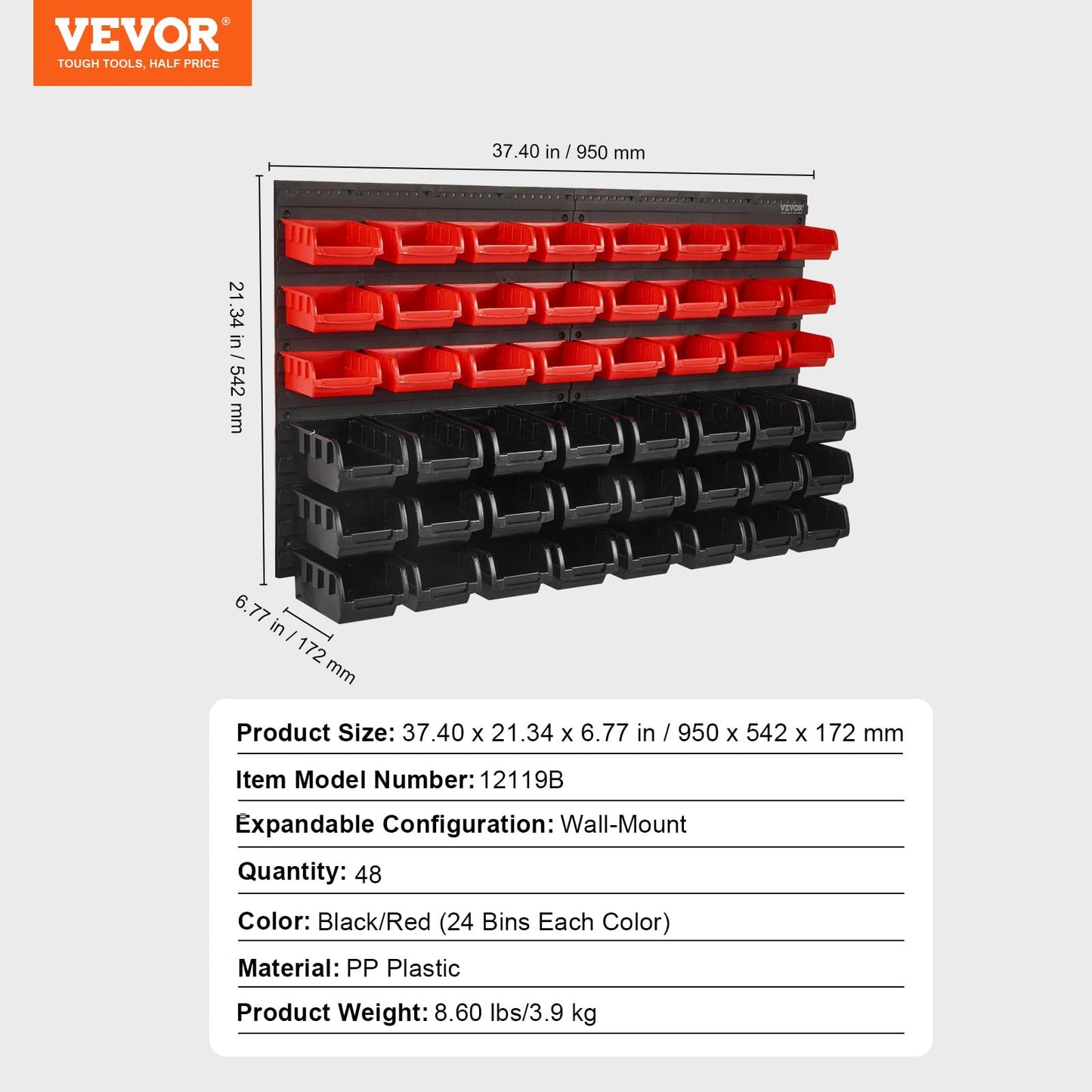 VEVOR Wall Mounted Storage Bins, 48-Bin Parts Rack Organizer Garage Plastic Shop Tool with Wall Panels, Tool Organizer for Nuts, Bolts, Screws, Nails, Beads, Buttons, Other Small Parts, Black and Red VEVOR