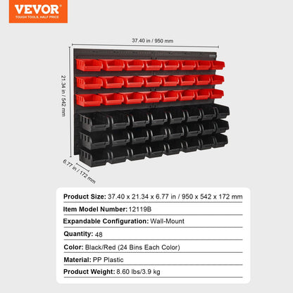 VEVOR Wall Mounted Storage Bins, 48-Bin Parts Rack Organizer Garage Plastic Shop Tool with Wall Panels, Tool Organizer for Nuts, Bolts, Screws, Nails, Beads, Buttons, Other Small Parts, Black and Red VEVOR