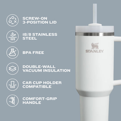 Gobelet Stanley Quencher H2.0 avec poignée et paille 40 oz | Couvercle Flowstate 3 positions | Compatible porte-gobelet pour le voyage | Tasse isotherme en acier inoxydable | Sans BPA | Noir 2.0
