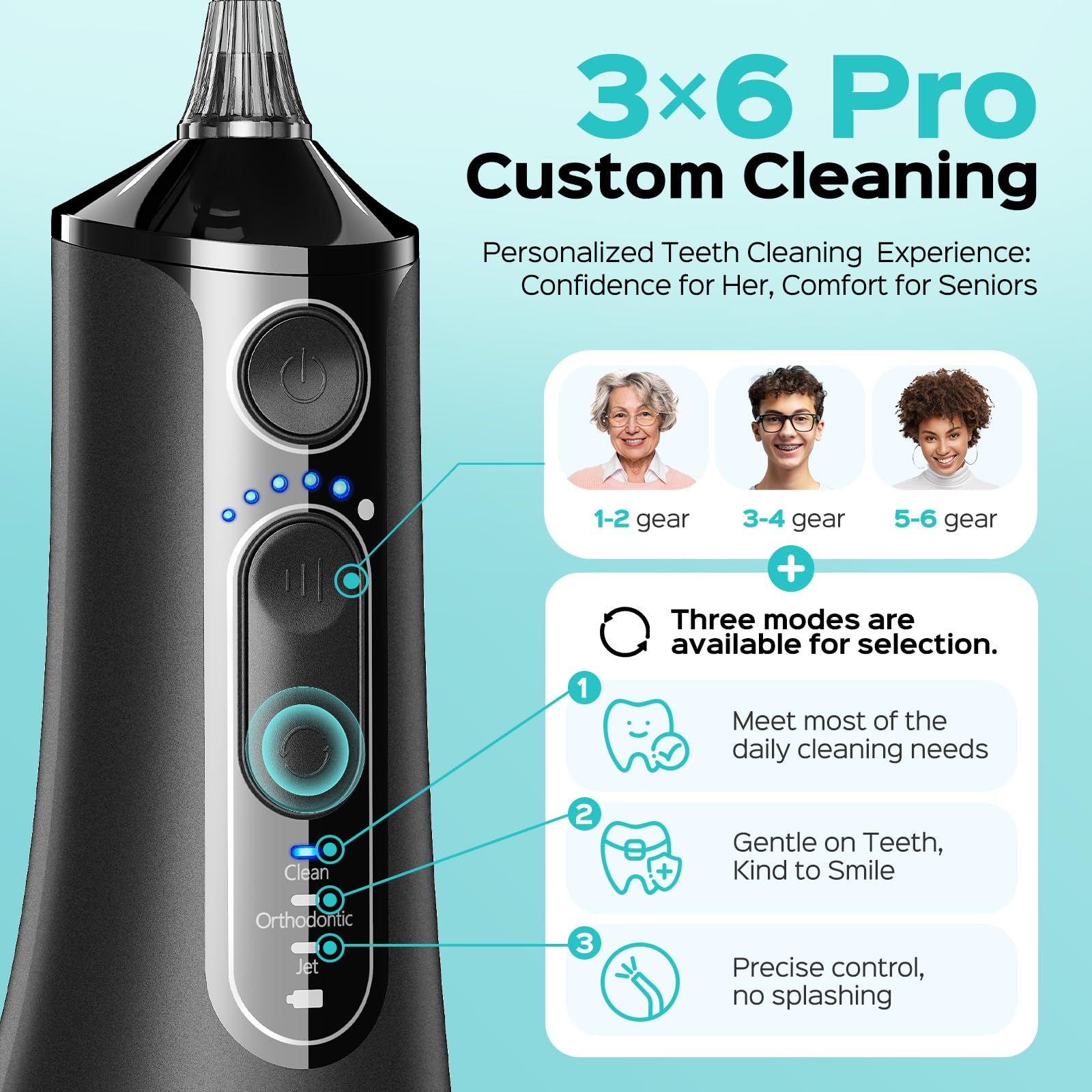 COSLUS C51 Portable Water Teeth Flosser: 3 Modes & 6 Pressure Settings for Whole Family Various Cleaning Need, Jet Mode for Beginner-Friendly, Compact for Travel, 300ml Tank, IPX7 Waterproof, Black - Available at All In One Marketplace Canada