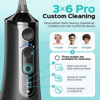 COSLUS C51 Portable Water Teeth Flosser: 3 Modes & 6 Pressure Settings for Whole Family Various Cleaning Need, Jet Mode for Beginner-Friendly, Compact for Travel, 300ml Tank, IPX7 Waterproof, Black - Available at All In One Marketplace Canada