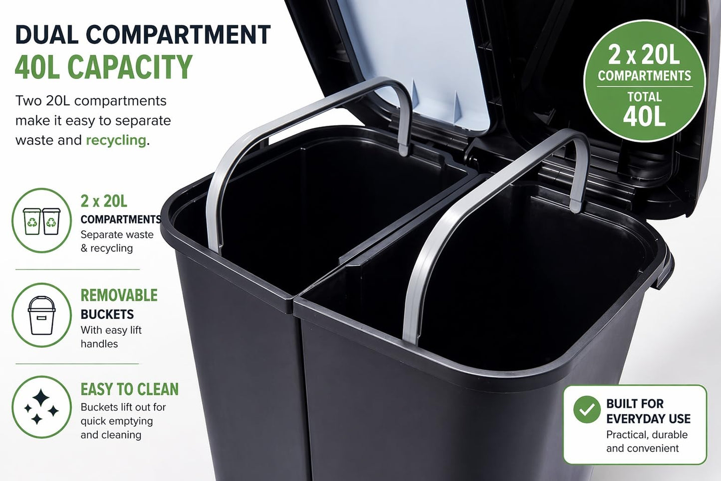 Step N’ Sort 40L Dual Compartment Recycling Bin – Slim Kitchen Waste & Recycling System (2 × 20L) Step N' Sort