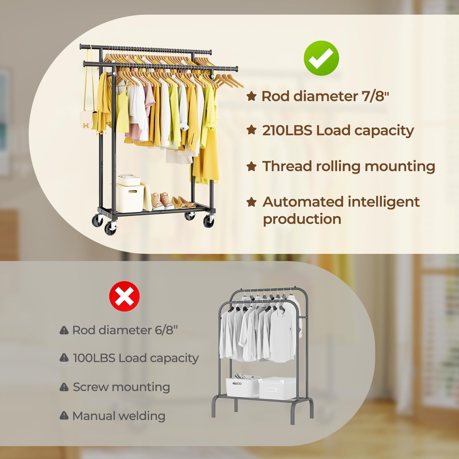 HYSEYY Double Rods Clothing Rack, Rolling Clothes Rack, Metal Garment Rack with 4 Lockable Wheels & Storage Shelf, Sturdy Coat Rack for Bedroom, Laundry, Living Room - 160H x 113W x 42D cm (Black) - Available at All In One Marketplace Canada