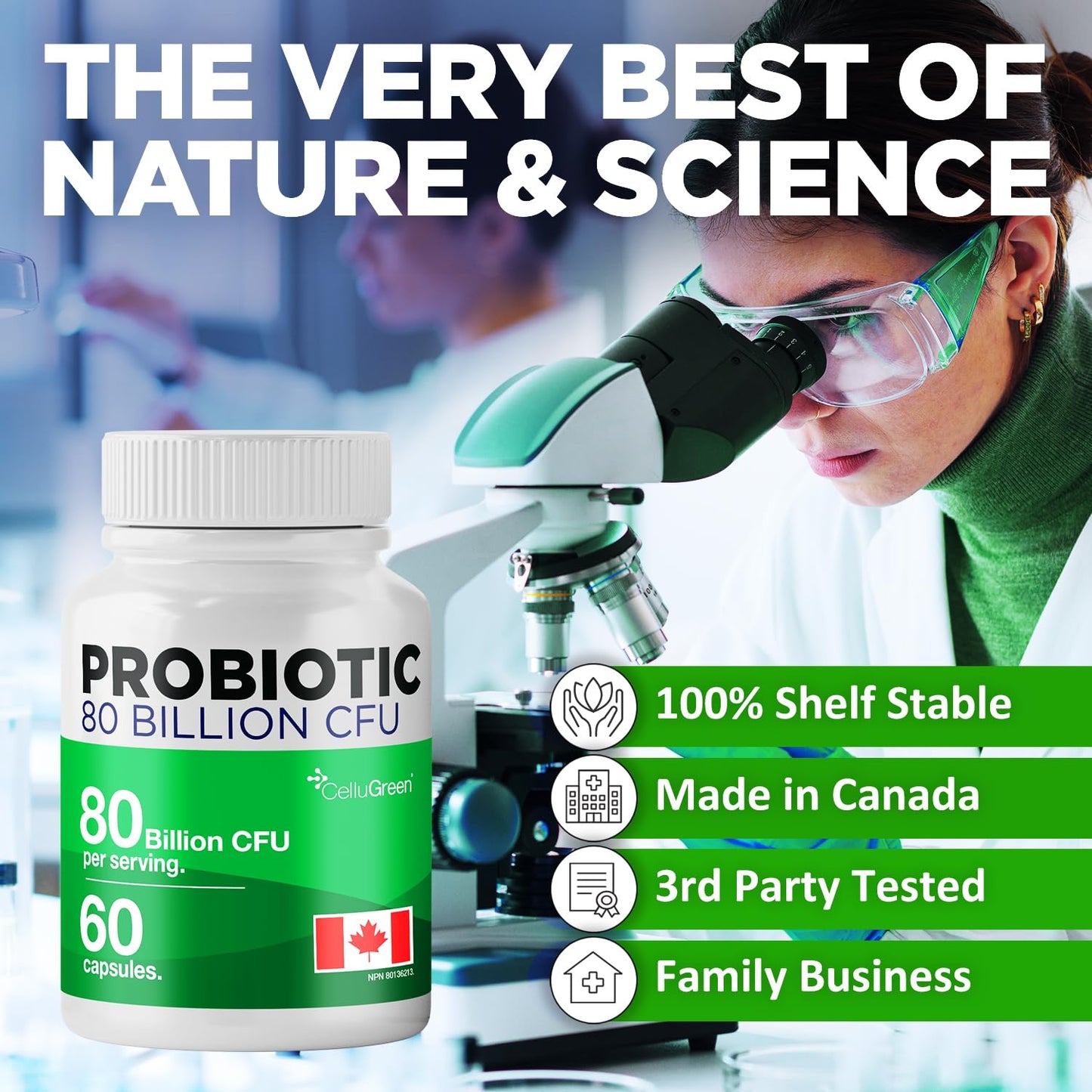 CelluGreen Probiotics 80 Billion CFU for Men & Women – 15 Strains – Digestive & Gut Health Support – Bloating & Gas Relief – Shelf Stable, Vegan, Non-GMO – 60 Capsules - Available at All In One Marketplace Canada