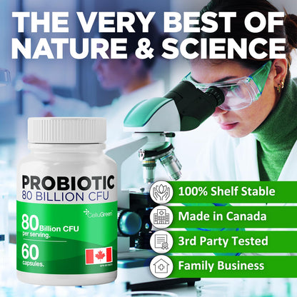 CelluGreen Probiotics 80 Billion CFU for Men & Women – 15 Strains – Digestive & Gut Health Support – Bloating & Gas Relief – Shelf Stable, Vegan, Non-GMO – 60 Capsules - Available at All In One Marketplace Canada