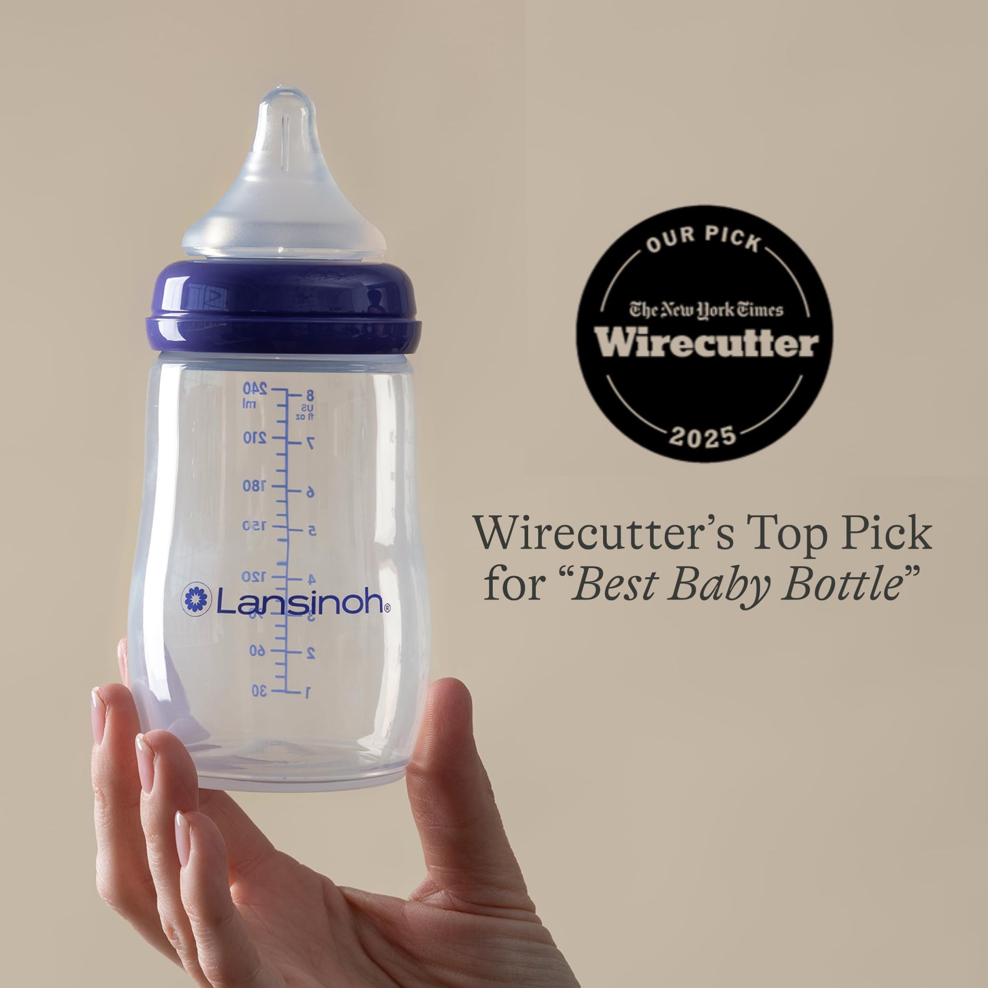 Lansinoh Anti-Colic Baby Bottles for Breastfeeding Babies, 240 ml (8 Ounces), 3 Count, Includes 3 Medium Flow Nipples, Size M