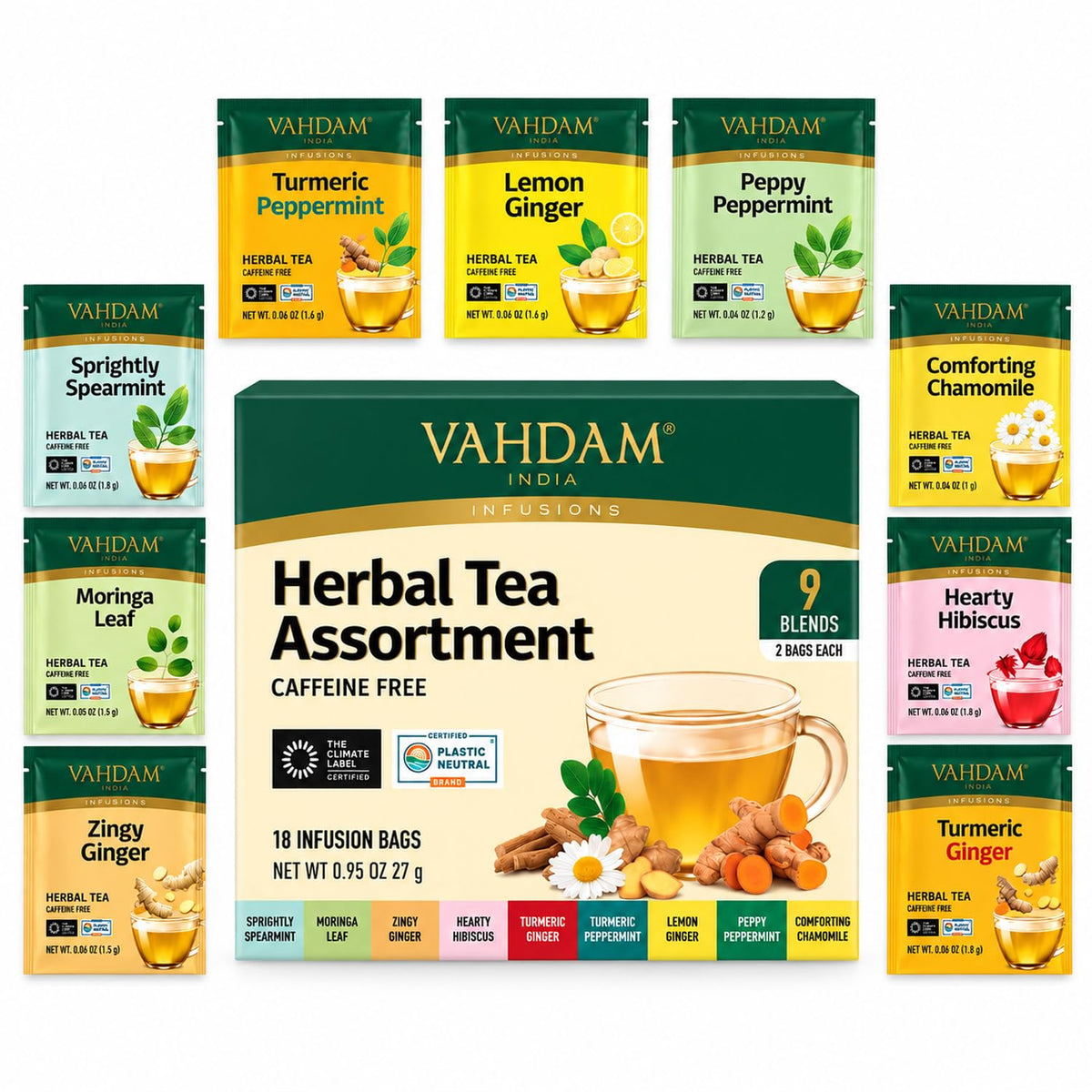 VAHDAM, Assorted Herbal Tea Sampler (18 Tea Bags, 9 Flavors) Caffeine-Free, Non-GMO | Double Infusion, Individually Enveloped Tea Bags | Herbal Tea Assortment 🍁 All In One Marketplace Canada