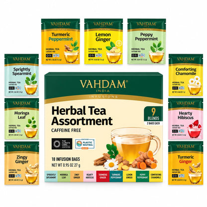 VAHDAM, Assorted Herbal Tea Sampler (18 Tea Bags, 9 Flavors) Caffeine-Free, Non-GMO | Double Infusion, Individually Enveloped Tea Bags | Herbal Tea Assortment 🍁 All In One Marketplace Canada