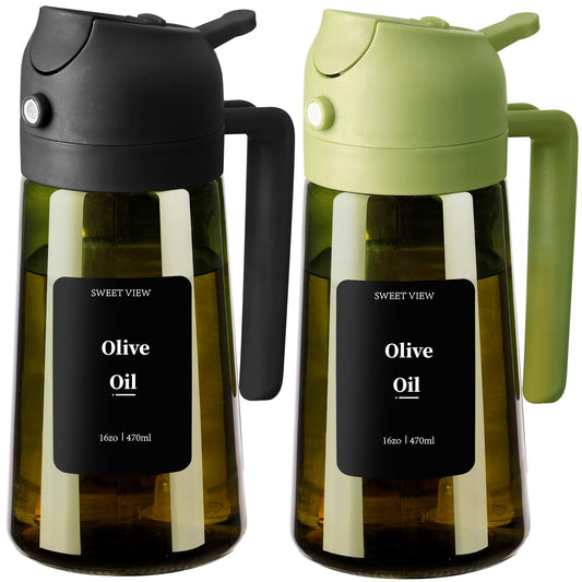 SWEET VIEW 2PCS Olive Oil Dispenser and Oil Sprayer – 16oz/470ml Glass Light-Proof Oil Pourer for Kitchen with Stickers for Air Fryer, Cooking, Salad, and BBQ