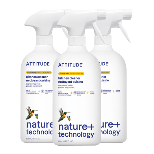 ATTITUDE Nettoyant cuisine en vaporisateur, certifié EWG, dégraissant pour éliminer la graisse et la saleté, à base de plantes et végétalien, parfum zeste d'agrumes, 800 ml (paquet de 3)